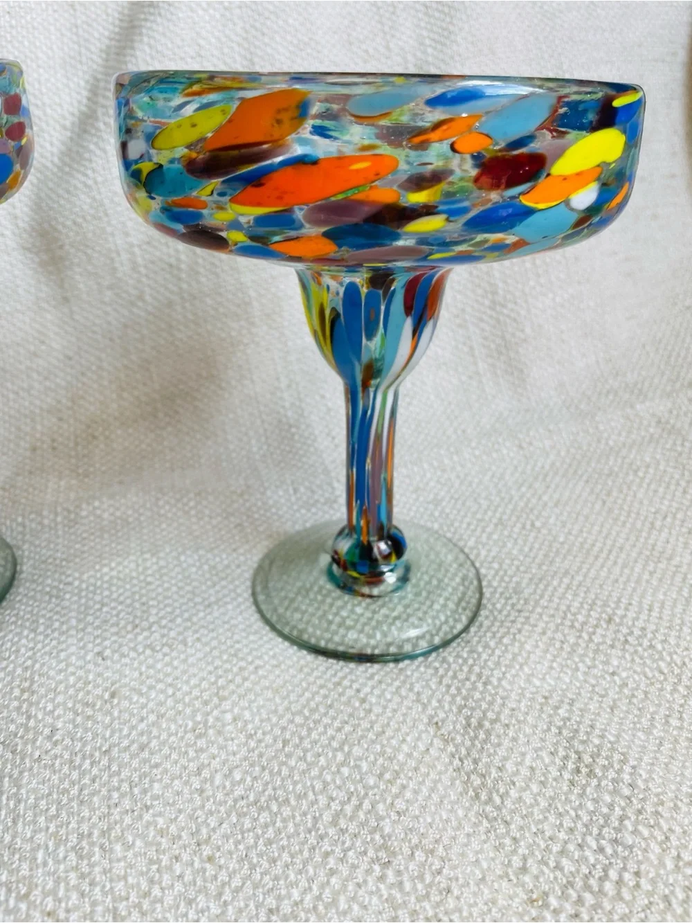 (2) Crate & Barrel Handblown Multicolor Speckled Glass Compote Martini Glasses